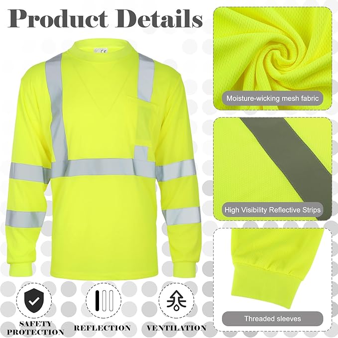 Amylove 4 Pcs Long Sleeve Safety Shirt High Visibility Reflective Construction Work Shirts for Men Women(XL,Yellow, Blue)