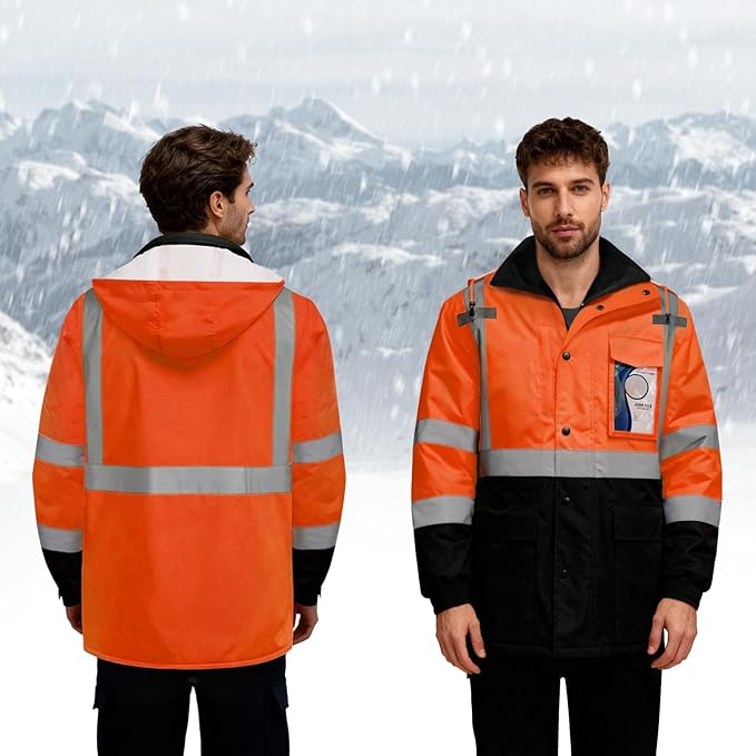 TCCFCCT 3-in-1 Hi Vis Winter Bomber Jackets for Men with Zippered Detachable Fleece Liner, Waterproof Reflective Safety Construction Coats for Cold Weather, High Vis Rain Gear, 3-in-1-Orange L