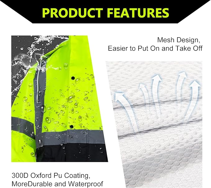Class 3 High Visibility Rain Suit With Detachable Hood Waterproof Lime Reflective Safety Worker Jacket & Pants (L/XL Yellow)