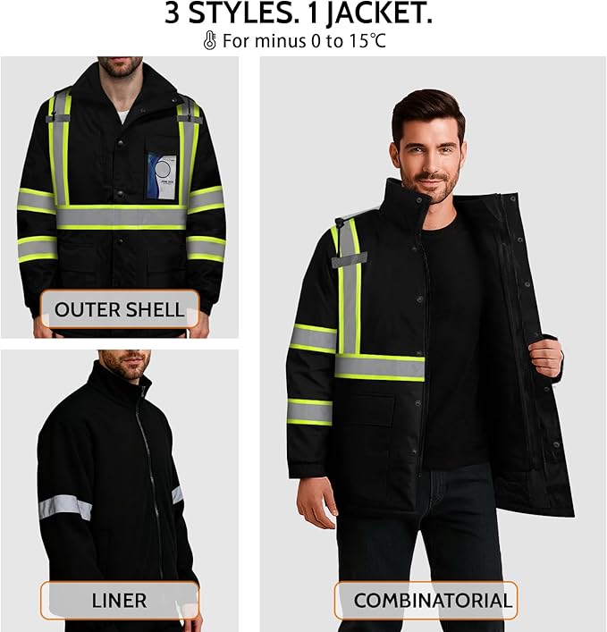 TCCFCCT 3-in-1 Hi Vis Winter Bomber Jackets for Men with Zippered Detachable Fleece Liner, Waterproof Reflective Safety Construction Coats for Cold Weather, High Vis Rain Gear, 3-in-1-Black 5XL