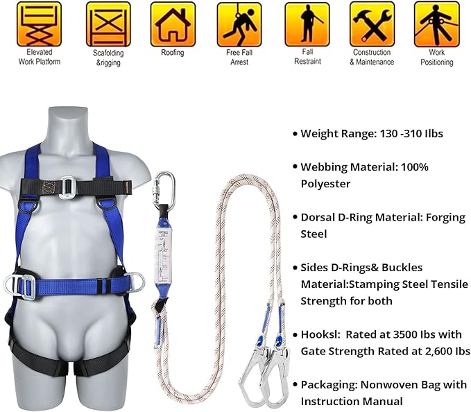TT TRSMIMA Safety Harness Fall Protection Kit - Full Body Roofing harnesses with Shock Absorbing Lanyard Upgrade Paded