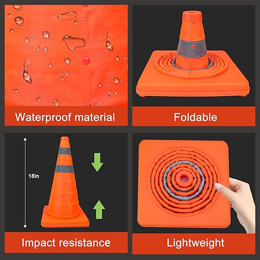 TENKAIWICK 18 Inch 20 Pack Traffic Cones, Collapsible Safety Cones, Multi Purpose Pop-up Cones with Reflective Collar, Orange Cones for Parking lot, Driveway, Driving Training etc