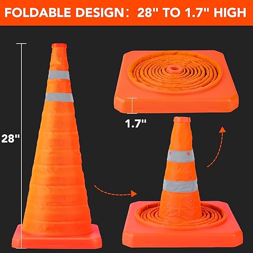 TENKAIWICK 28 Inch 8 Pack Traffic Cones, Collapsible Safety Cones, Multi Purpose Pop-up Cones with Reflective Collar, Orange Cones for Parking lot, Driveway, Driving Training etc