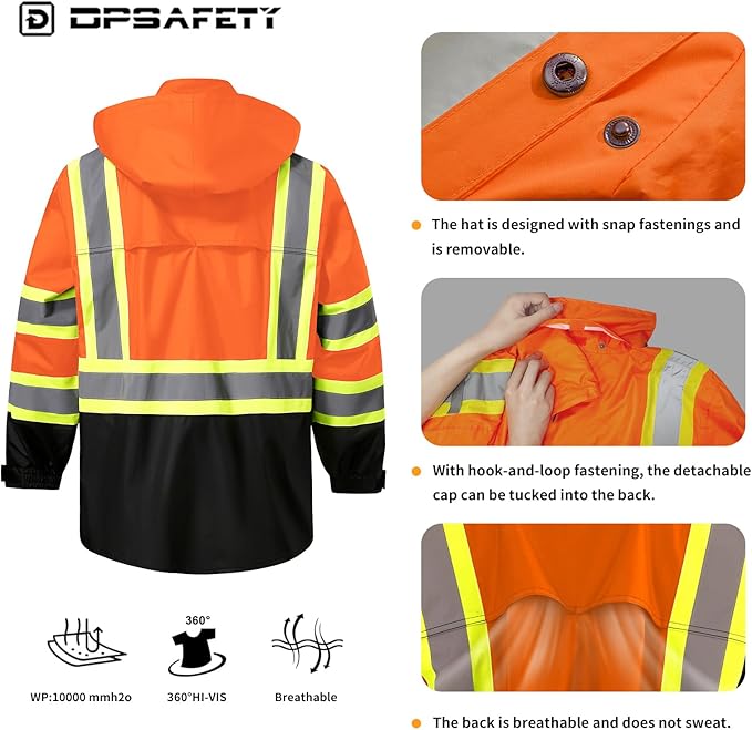 Reflective Rain jackets for men waterproof,Hi Vis Safety Coat With Reflective Strips，High Visibility Class 3 Rain jackets With 2 large pockets，Zipper,Orange,LG/XL
