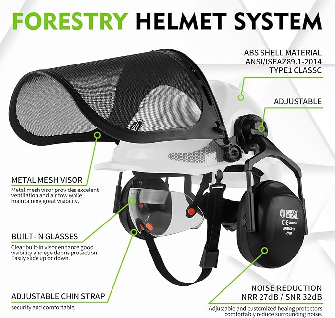 GREEN DEVIL Chainsaw Safety Protective Helmet Forestry Helmet with Build-in Visor Mesh Face Shield Ear Muffs 4 in 1 Ideal for Arborist Tree Work DIY Outdoor Logging Hard hat
