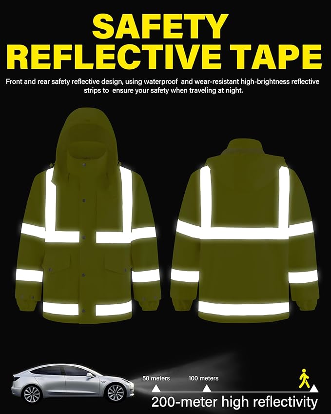 iCreek Reflective High Visibility Safety Jacket,Safety Rain Jacket with Hood,Lightweight Workwear for Outdoor Construction