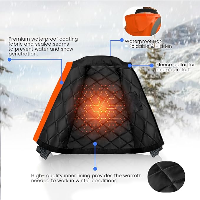 Hi Vis Rain Jackets, Reflective Safety Jacket with Pockets for Men& Women, Construction Coats for Winter Cold Weather, Waterproof Rain Gear, Class 3, Orange-Black, 4XL