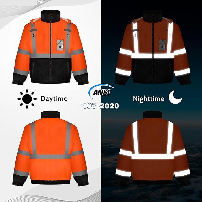 High Vis Safety Jackets, Reflective Work Jacket with Pockets for Men& Women, Construction Coats for Winter Cold Weather, Waterproof Rain Jacket, Class 3, Orange-Black, XXL