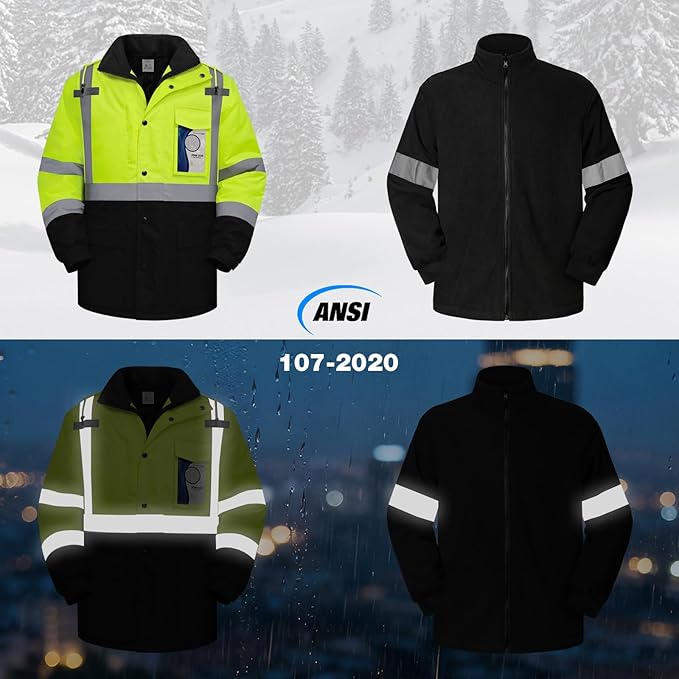 TCCFCCT 3-in-1 Hi Vis Winter Bomber Jackets for Men with Zippered Detachable Fleece Liner, Waterproof Reflective Safety Construction Coats for Cold Weather, High Vis Rain Gear, 3-in-1-Yellow L