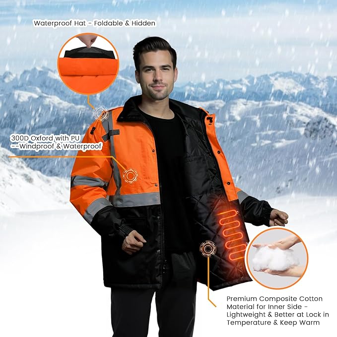 TCCFCCT Safety Jacket for Men & Women, Hi Vis Reflective Jackets with Pockets, Construction Coats for Cold Weather, High Vis Rain Gear, Waterproof, Long J-Orange, 3XL