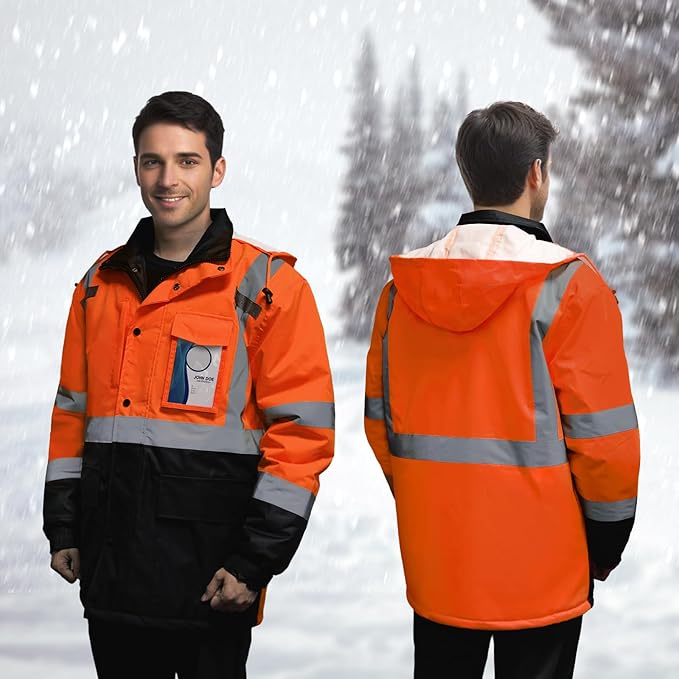 TCCFCCT Safety Jacket for Men & Women, Hi Vis Reflective Jackets with Pockets, Construction Coats for Cold Weather, High Vis Rain Gear, Waterproof, Long J-Orange, M
