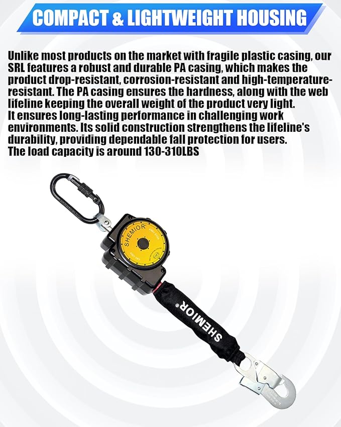11FT Self Retracting Lifeline, Swivel Top Self Retractable Safety Lanyard, Web SRL Fall Arrest Protection Gear, ANSI Lightweight Housing, Snap Hook