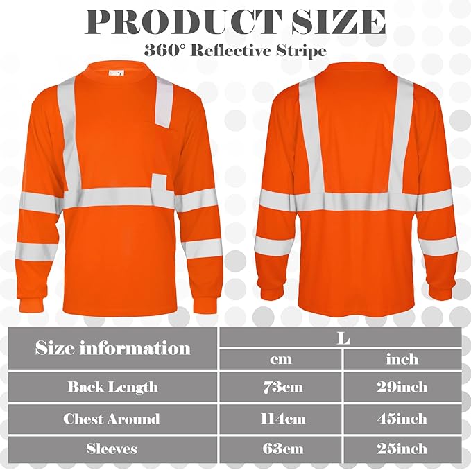 Amylove 4 Pcs Long Sleeve Safety Shirt High Visibility Reflective Construction Work Shirts for Men Women(L,Orange)