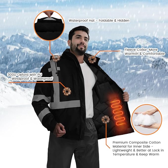 TCCFCCT Safety Jacket for Men & Women, Hi Vis Reflective Jackets with Pockets, Construction Coats for Cold Weather, High Vis Rain Gear, Waterproof, J-Black, S