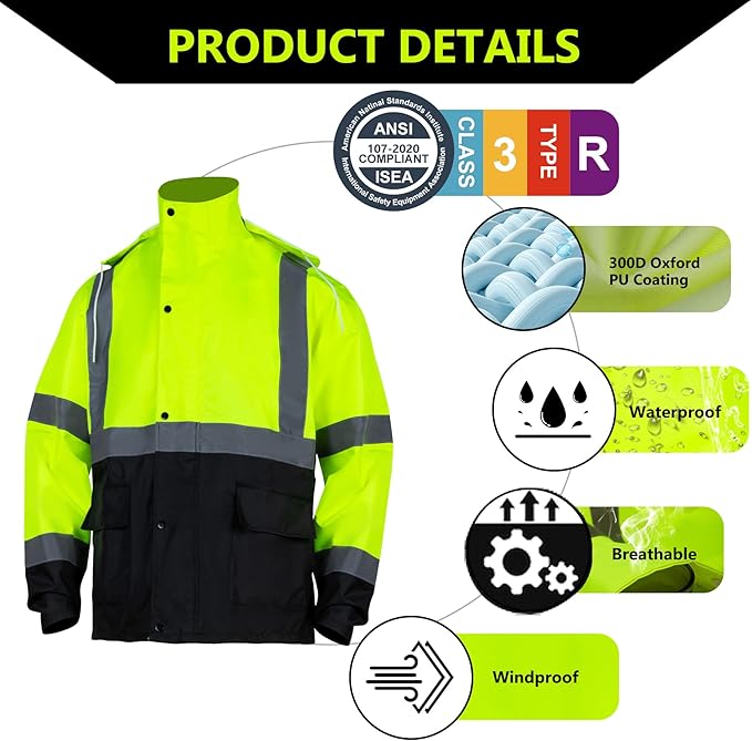 FONIRRA Class 3 High Visibility Rain Suit With Detachable Hood Waterproof Lime Reflective Safety Worker Jacket & Pants (2XL/3XL Yellow)