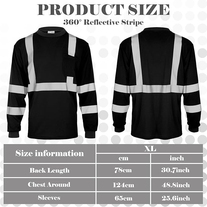 Amylove 4 Pcs Long Sleeve Safety Shirt High Visibility Reflective Construction Work Shirts for Men Women(XL,Black)