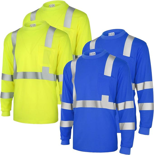 Amylove 4 Pcs Long Sleeve Safety Shirt High Visibility Reflective Construction Work Shirts for Men Women(XL,Yellow, Blue)