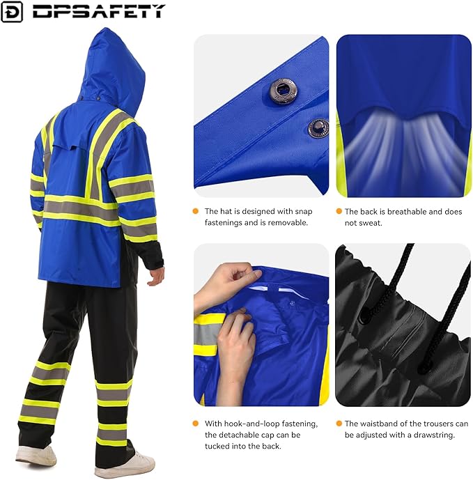 Hi Vis Safety rain Jacket，Reflective Class 3 Rain coat with Inner Mesh Lining and Pockets High Visibility Waterproof work Rain Suits for men&women（Blue,SM/MD）