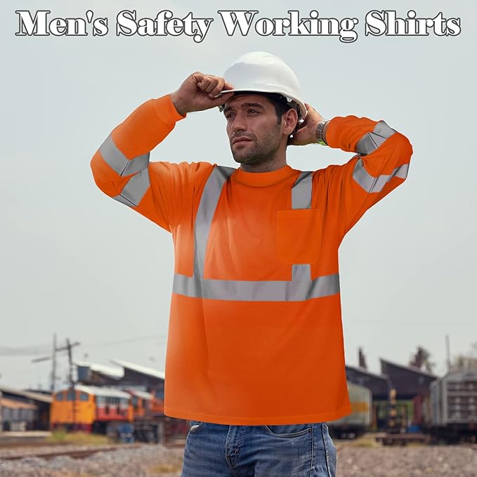 Amylove 4 Pcs Long Sleeve Safety Shirt High Visibility Reflective Construction Work Shirts for Men Women(XL,Orange)