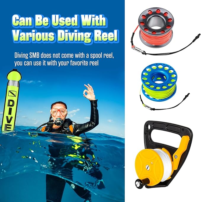 High Visibility Diving Surface Marker Buoy (SMB), Inflatable Scuba Signal Tube with Reflective Band, Safety Sausage Easy Inflate/Deflate for Scuba, Freediving & Snorkeling
