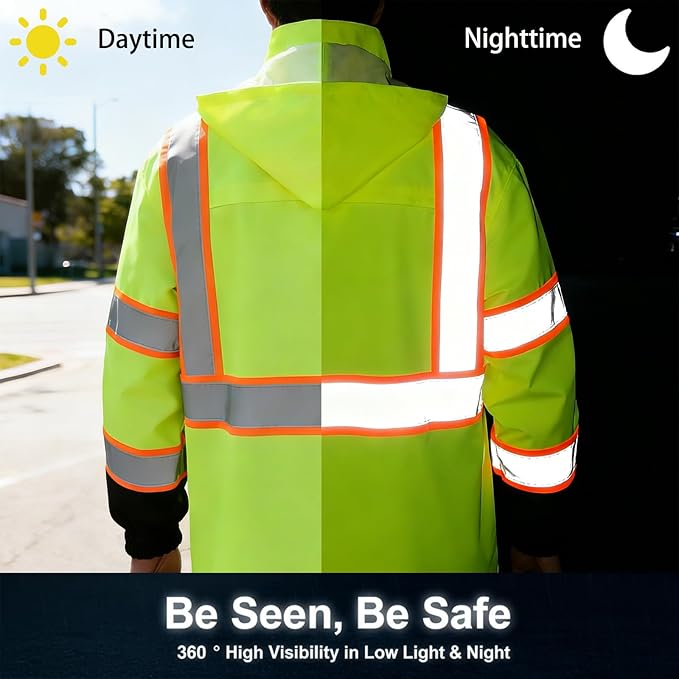 High Vis Reflective Safety Rain Jacket for Men, Class 3 Hi Vis Rain Gear for Construction Workers (Yellow-Black,S/M)
