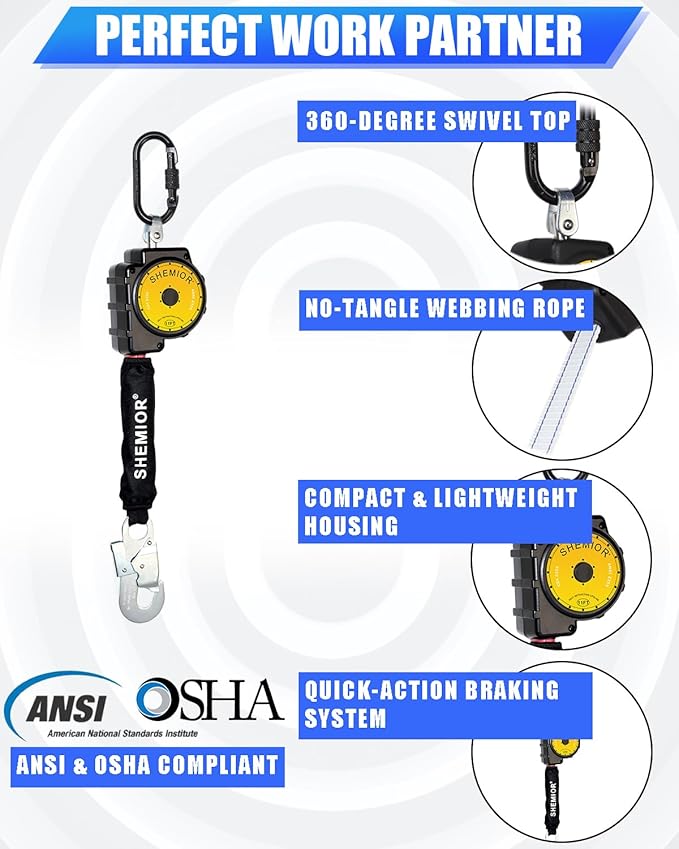 11FT Self Retracting Lifeline, Swivel Top Self Retractable Safety Lanyard, Web SRL Fall Arrest Protection Gear, ANSI Lightweight Housing, Snap Hook