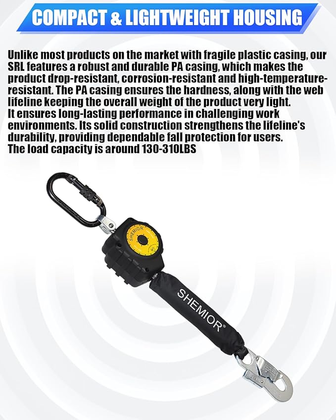 6FT Self Retracting Lifeline, Swivel Top Lightweight Housing Shemior Web SRL ANSI Self Retractable Safety Lanyard, Fall Arrest Protection Gear for Roofing Construction,Snap Hook
