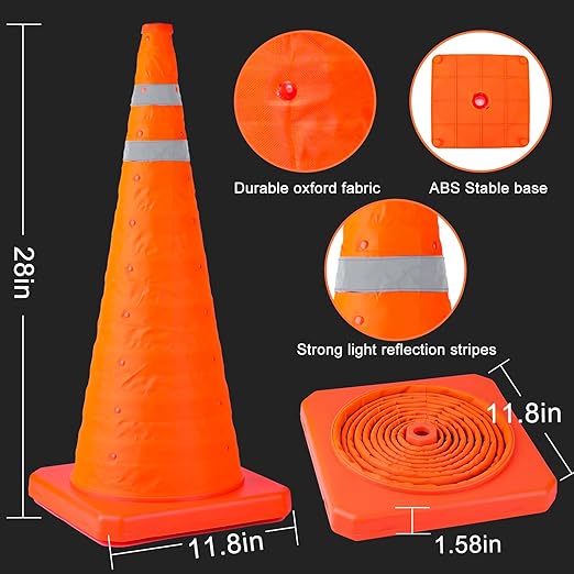 TENKAIWICK 28 Inch 8 Pack Traffic Cones, Collapsible Safety Cones, Multi Purpose Pop-up Cones with Reflective Collar, Orange Cones for Parking lot, Driveway, Driving Training etc