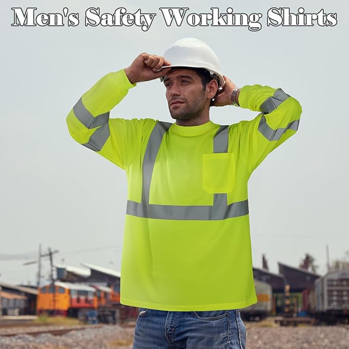 Amylove 4 Pcs Long Sleeve Safety Shirt High Visibility Reflective Construction Work Shirts for Men Women(XL,Yellow)