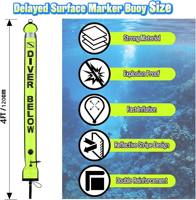 High Visibility Diving Surface Marker Buoy (SMB), Inflatable Scuba Signal Tube with Reflective Band, Safety Sausage Easy Inflate/Deflate for Scuba, Freediving & Snorkeling