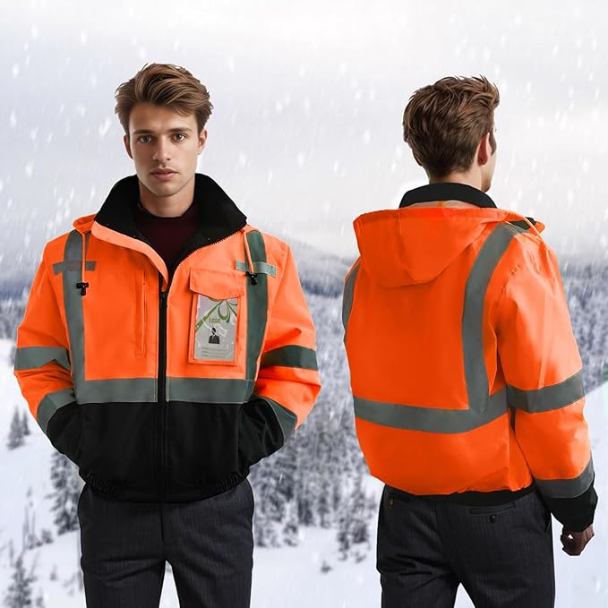 Hi Vis Rain Jackets, Reflective Safety Jacket with Pockets for Men& Women, Construction Coats for Winter Cold Weather, Waterproof Rain Gear, Class 3, Orange-Black, 4XL