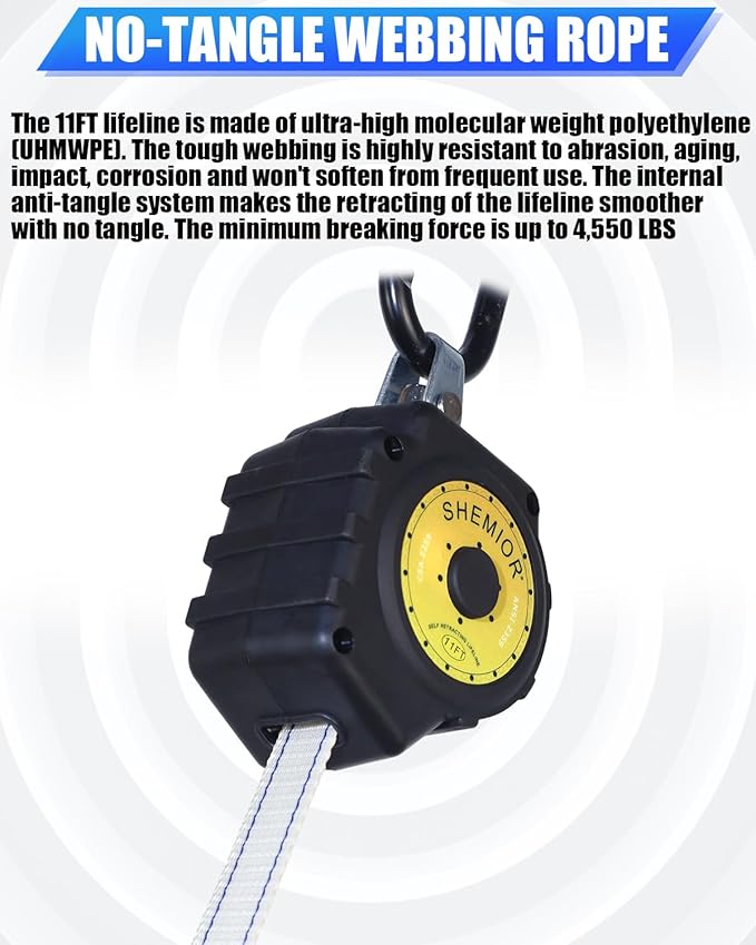 11FT Self Retracting Lifeline, Swivel Top Self Retractable Safety Lanyard, Web SRL Fall Arrest Protection Gear, ANSI Lightweight Housing, Snap Hook