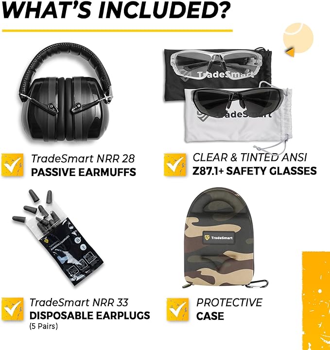 TradeSmart All-in-One Shooting Ear Protection - Comfort+ NRR 28 Earmuffs, Glasses & Earplugs + Carry Case