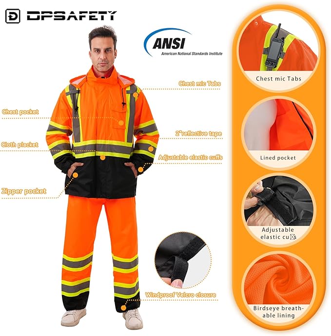 Hi Vis Safety rain Jacket，Reflective Class 3 Rain coat with Inner Mesh Lining and Pockets High Visibility Waterproof work Rain Suits for men&women（Orange,4XL/5XL）