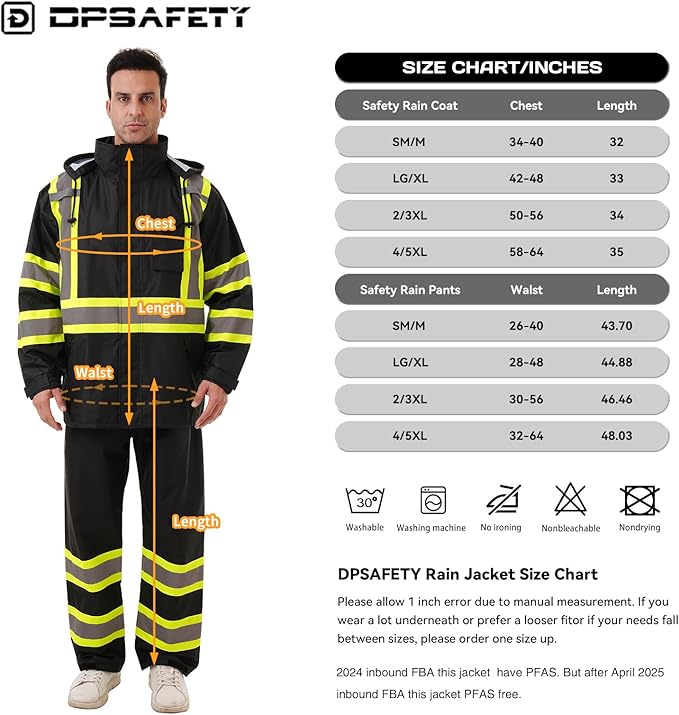 Hi Vis Safety rain Jacket，Reflective Class 3 Rain coat with Inner Mesh Lining and Pockets High Visibility Waterproof work Rain Suits for men&women（Black,4XL/5XL）