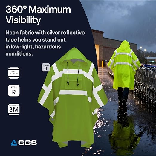 GGS Rain Poncho - High Visibility, Reflective, Wind and Waterproof with Drawstring Hood, Rain Gear for Construction, Camping, Fishing, Hiking, One Size
