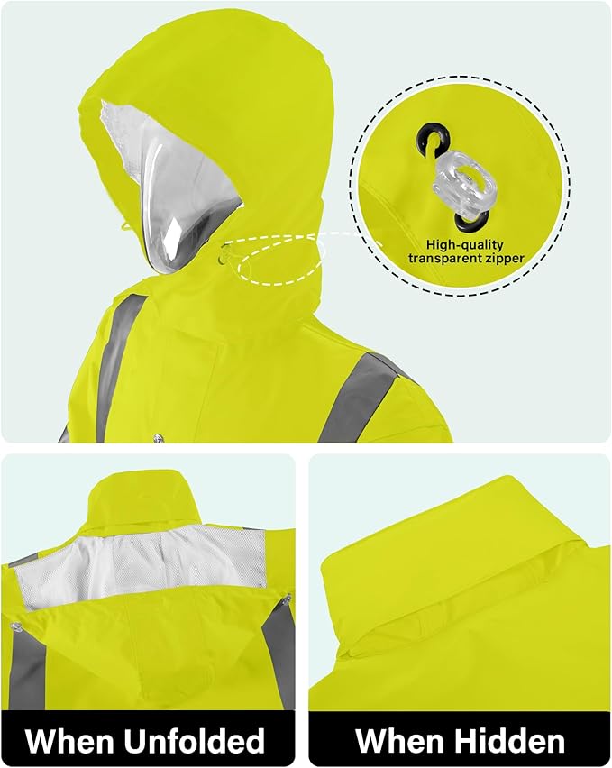 iCreek Reflective High Visibility Safety Jacket,Safety Rain Jacket with Hood,Lightweight Workwear for Outdoor Construction