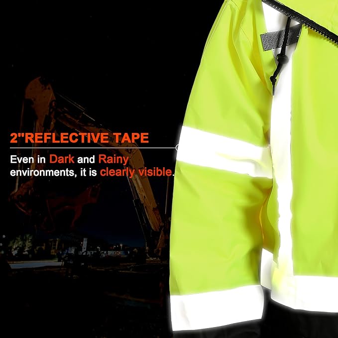 Reflective Rain jackets for men waterproof,Hi Vis Safety Coat With Reflective Strips，High Visibility Class 3 Rain jackets With 2 large pockets，Zipper,Black Bottom Lime,SM/MD