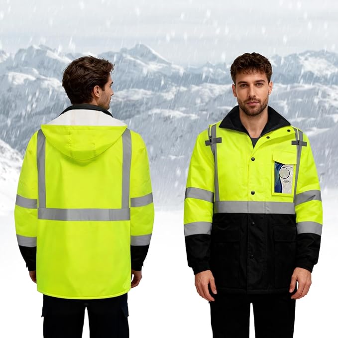 TCCFCCT 3-in-1 Hi Vis Winter Bomber Jackets for Men with Zippered Detachable Fleece Liner, Waterproof Reflective Safety Construction Coats for Cold Weather, High Vis Rain Gear, 3-in-1-Yellow L