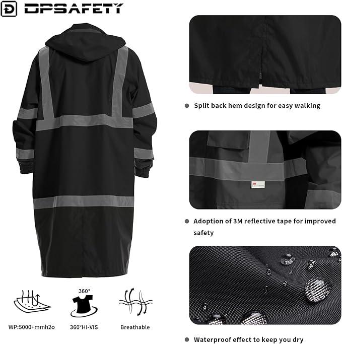 Hi Vis Rain Jacket with 3M Reflective Stripe,High Visibility Class 3 Rain coats,Safety Waterproof Rain Suits for Men with Hood and 2 Large Pockets construction work rain gear(Black S)