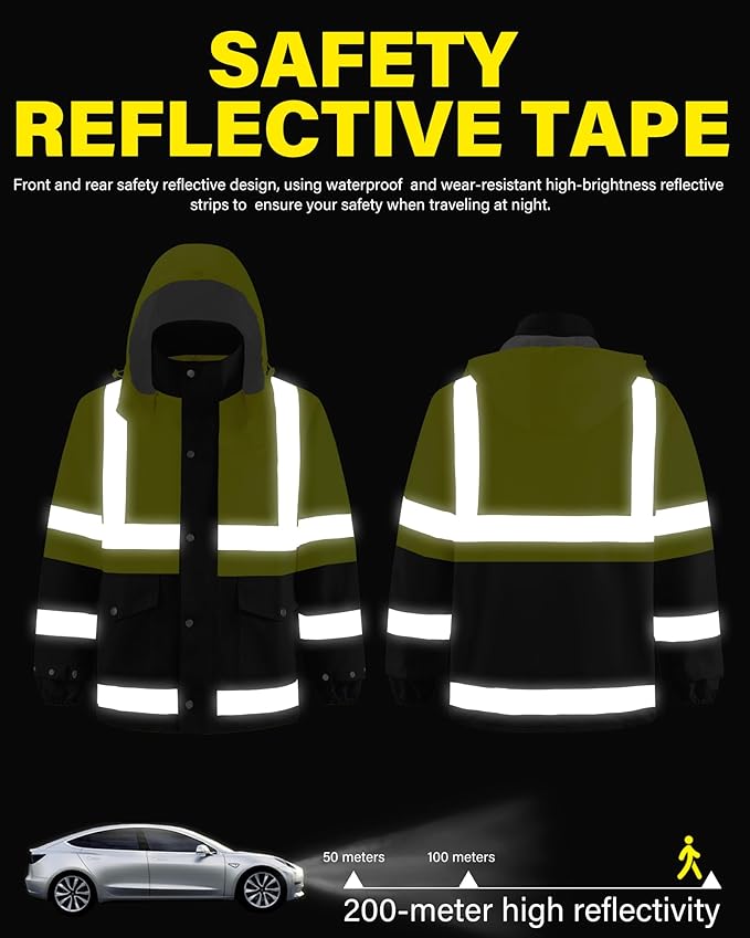 iCreek Reflective High Visibility Safety Jacket,Safety Rain Jacket with Hood,Lightweight Workwear for Outdoor Construction