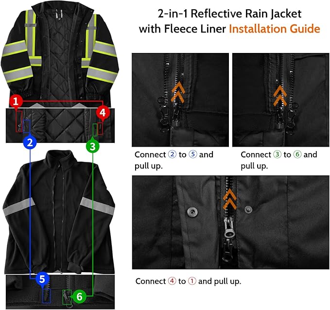 TCCFCCT 3-in-1 Hi Vis Winter Bomber Jackets for Men with Zippered Detachable Fleece Liner, Waterproof Reflective Safety Construction Coats for Cold Weather, High Vis Rain Gear, 3-in-1-Black L