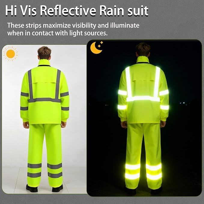 Hi Vis Class 3 Safety Rain Jacket for Men Waterproof, Reflective High Visibility Rain Gear Construction Rain Suit (Yellow L/XL)