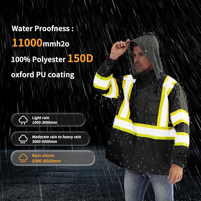 Reflective Rain jackets for men waterproof,Hi Vis Safety Coat With Reflective Strips，High Visibility Class 3 Rain jackets With 2 large pockets，Zipper,Black ，LG/XL