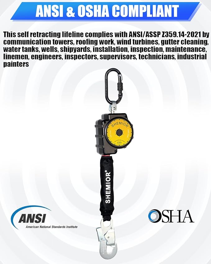 11FT Self Retracting Lifeline, Swivel Top Self Retractable Safety Lanyard, Web SRL Fall Arrest Protection Gear, ANSI Lightweight Housing, Snap Hook