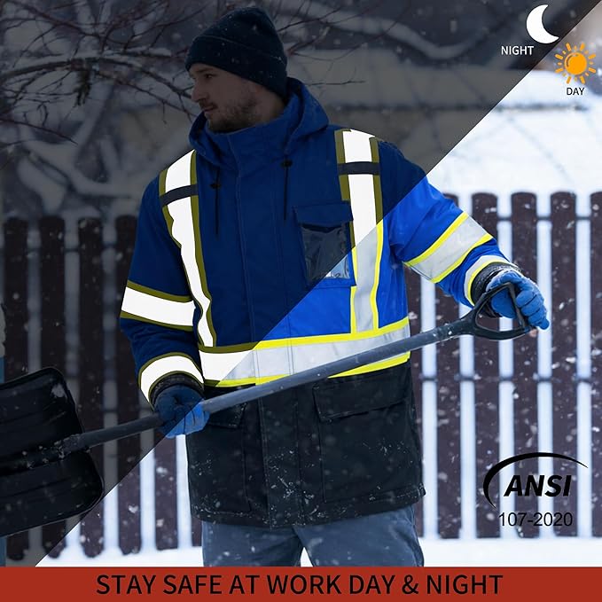 FATONE Hi Vis Rain Jacket for Men Lightweight Reflective Safety Rain Gear Waterproof with Hood, Class 3 Work Raincoat ANSI/ISEA Tested Blue S/M