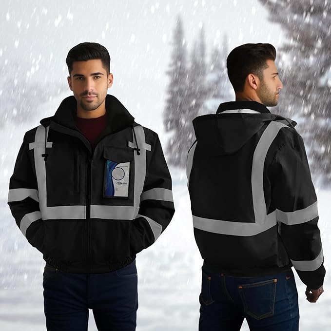 TCCFCCT Waterproof Hi Vis Jackets for Men Class 3 High Visibility Reflective Safety Jackets for Men Construction Work, Warm Winter Bomber Work Coat with Black Bottom, J-Black, 2XL