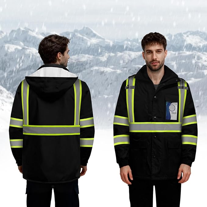 TCCFCCT 3-in-1 Hi Vis Winter Bomber Jackets for Men with Zippered Detachable Fleece Liner, Waterproof Reflective Safety Construction Coats for Cold Weather, High Vis Rain Gear, 3-in-1-Black 5XL