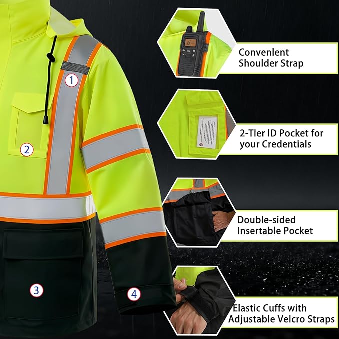 High Vis Reflective Safety Rain Jacket for Men, Class 3 Hi Vis Rain Gear for Construction Workers (Yellow-Black,S/M)