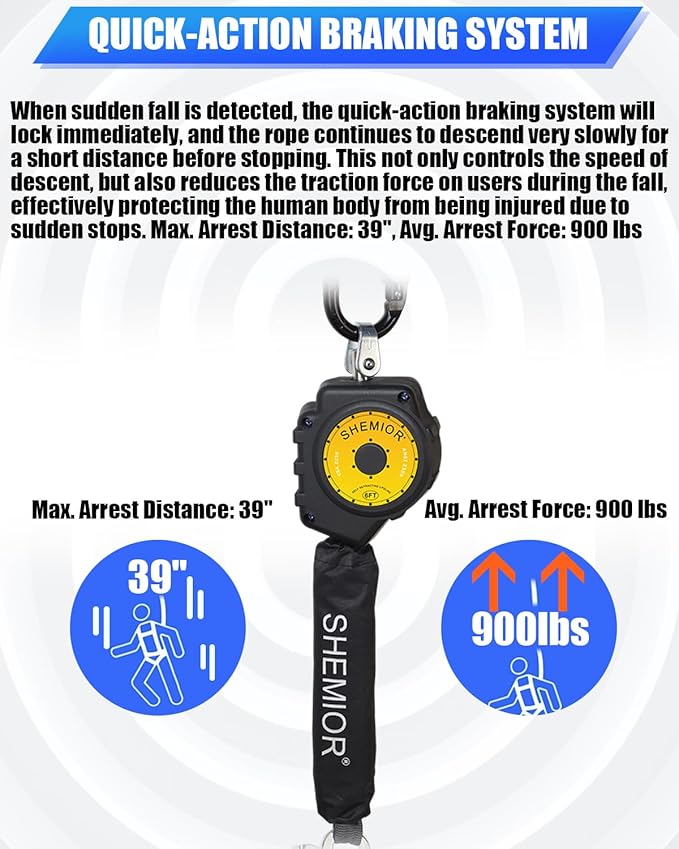 6FT Self Retracting Lifeline, Swivel Top Lightweight Housing Shemior Web SRL ANSI Self Retractable Safety Lanyard, Fall Arrest Protection Gear for Roofing Construction,Snap Hook